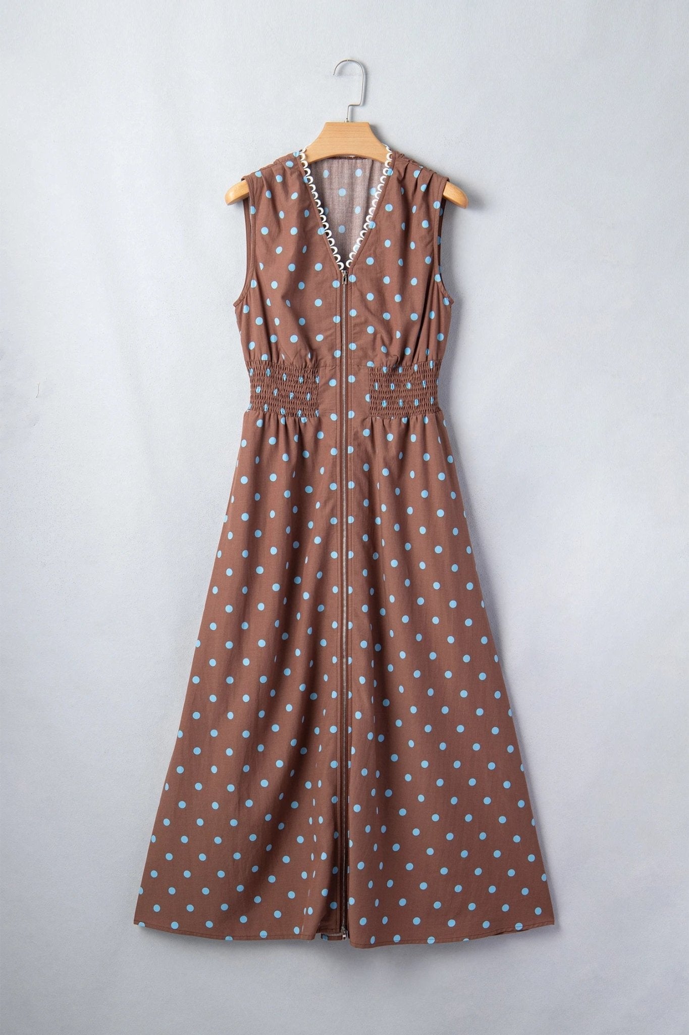 Polka Dot Zip Up V-Neck Sleeveless Dress - Rooted & Reckless Co.