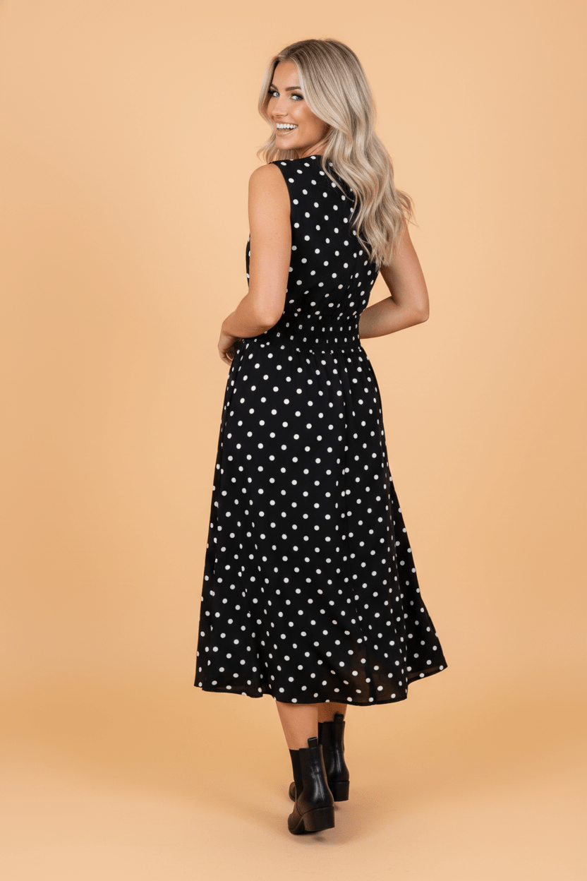 Polka Dot Zip Up V-Neck Sleeveless Dress - Rooted & Reckless Co.