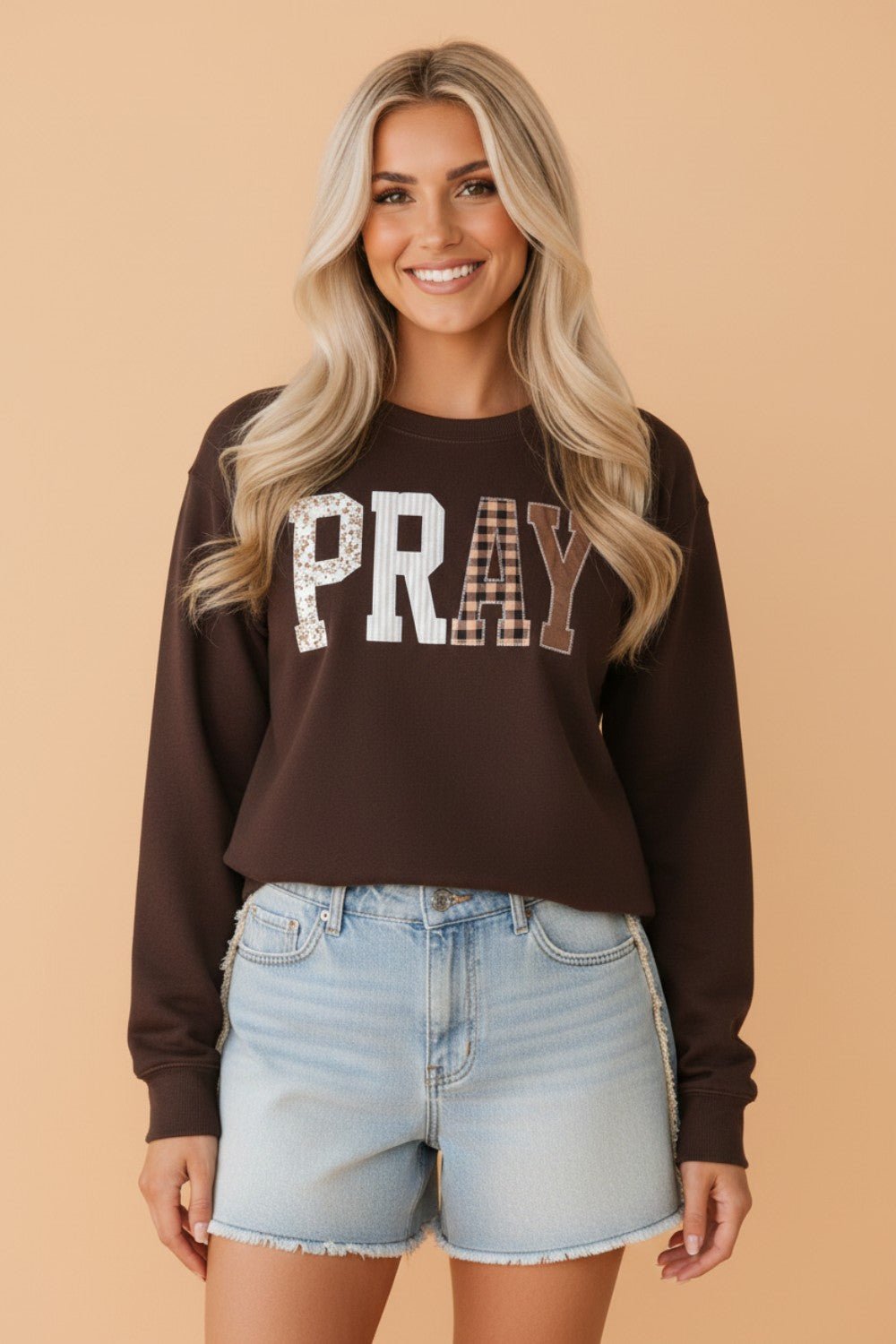 Pray Floral Stripe Gingham Embroidered Patch Sweatshirt - Rooted & Reckless Co.