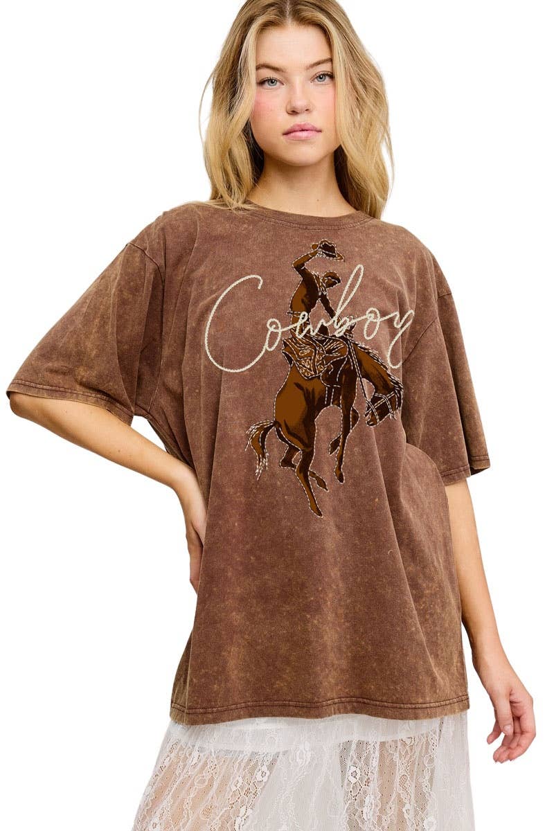 PUFF' Cowboy Western Graphic S/S Washed Boyfriend Tee - Rooted & Reckless Co.