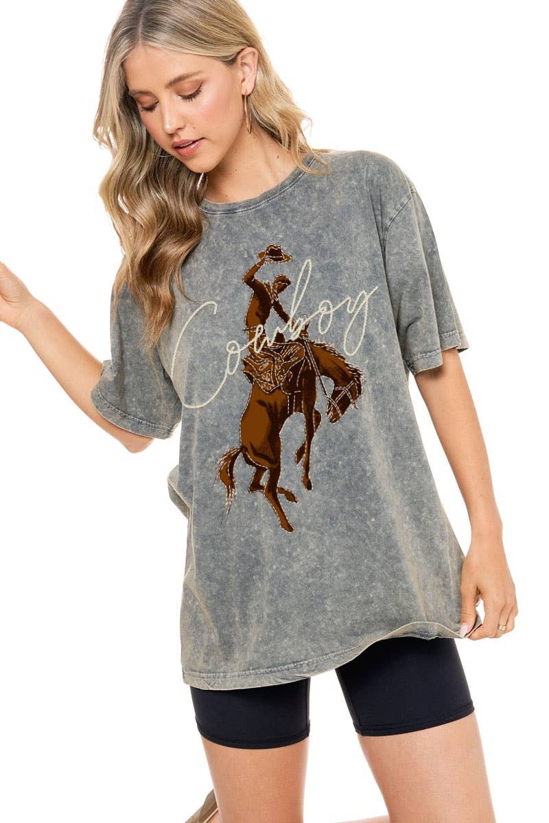 PUFF' Cowboy Western Graphic S/S Washed Boyfriend Tee - Rooted & Reckless Co.