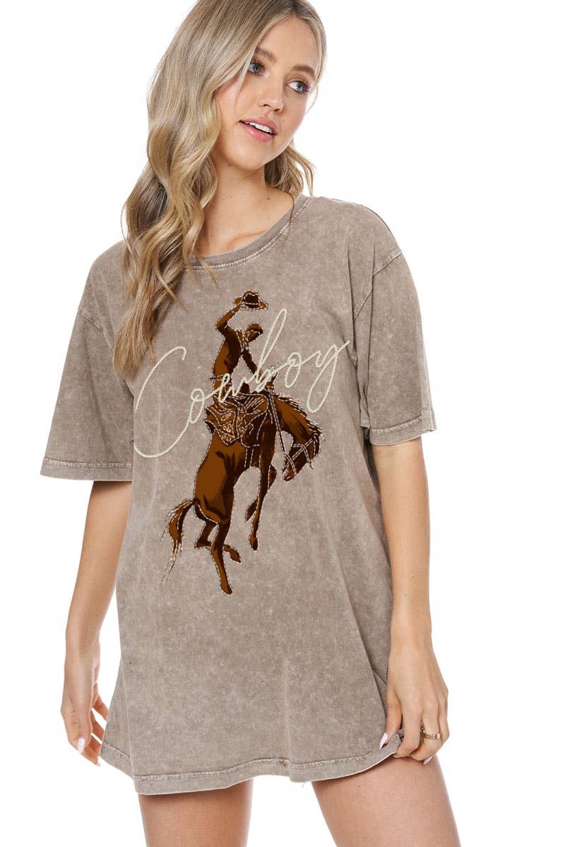 PUFF' Cowboy Western Graphic S/S Washed Boyfriend Tee - Rooted & Reckless Co.