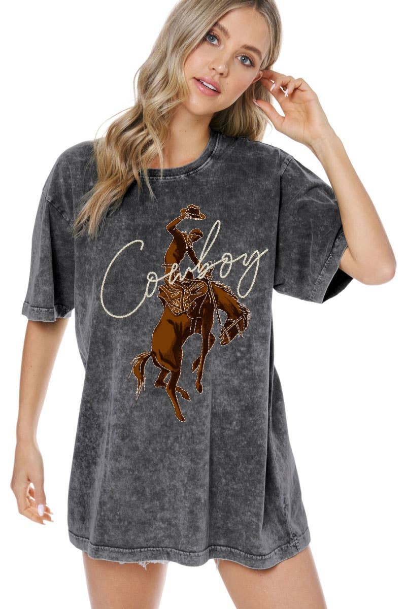PUFF' Cowboy Western Graphic S/S Washed Boyfriend Tee - Rooted & Reckless Co.