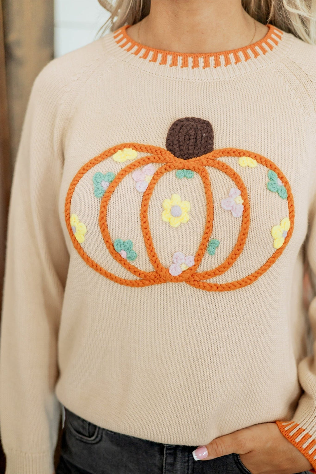 Pumpkin Floral Embroidered Round Neck Sweater - Rooted & Reckless Co.