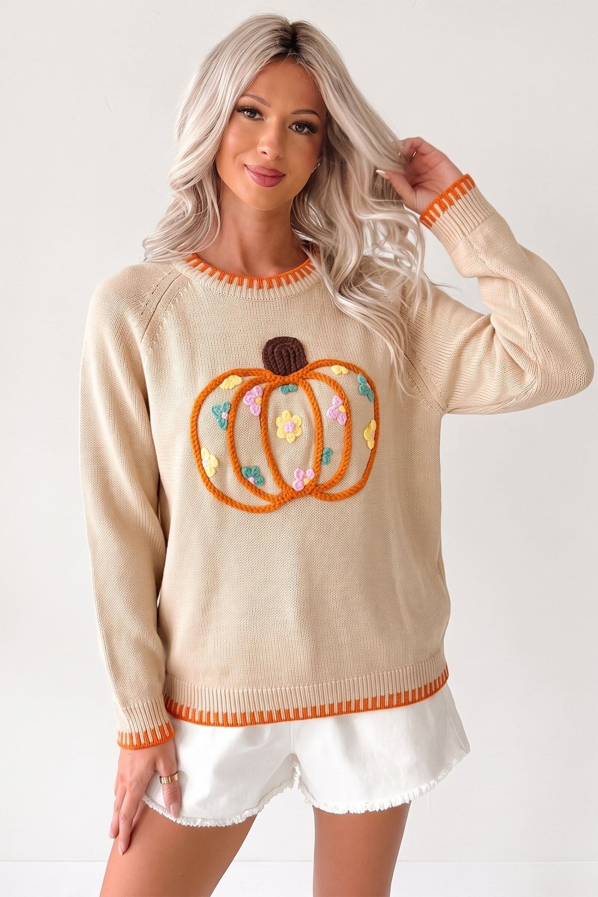 Pumpkin Floral Embroidered Round Neck Sweater - Rooted & Reckless Co.