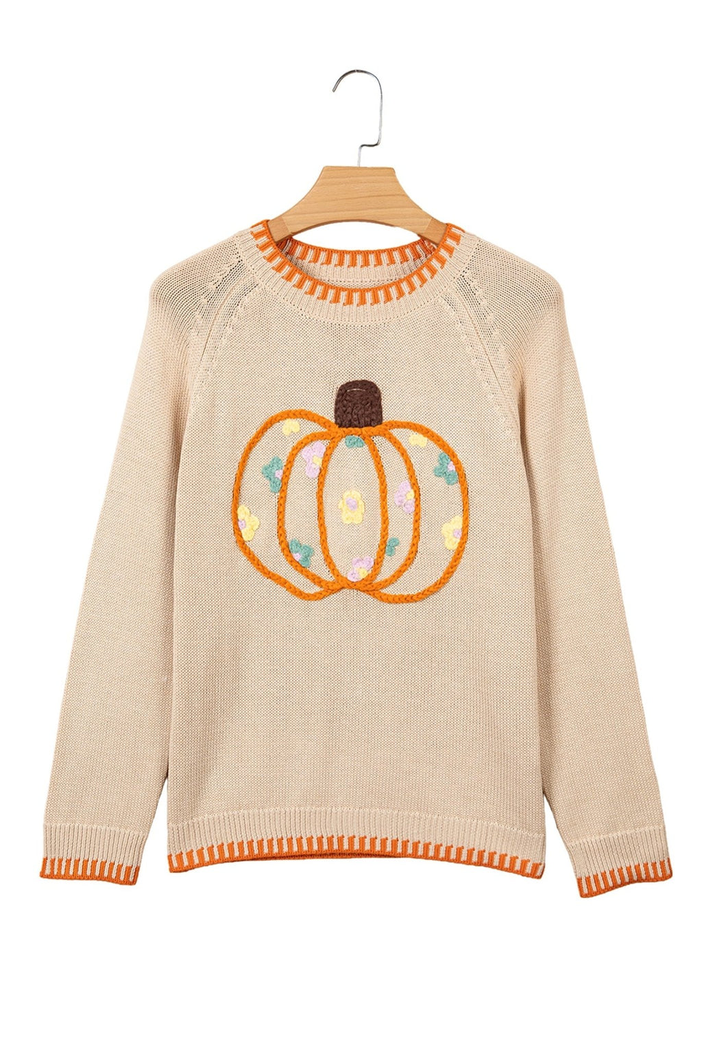 Pumpkin Floral Embroidered Round Neck Sweater - Rooted & Reckless Co.