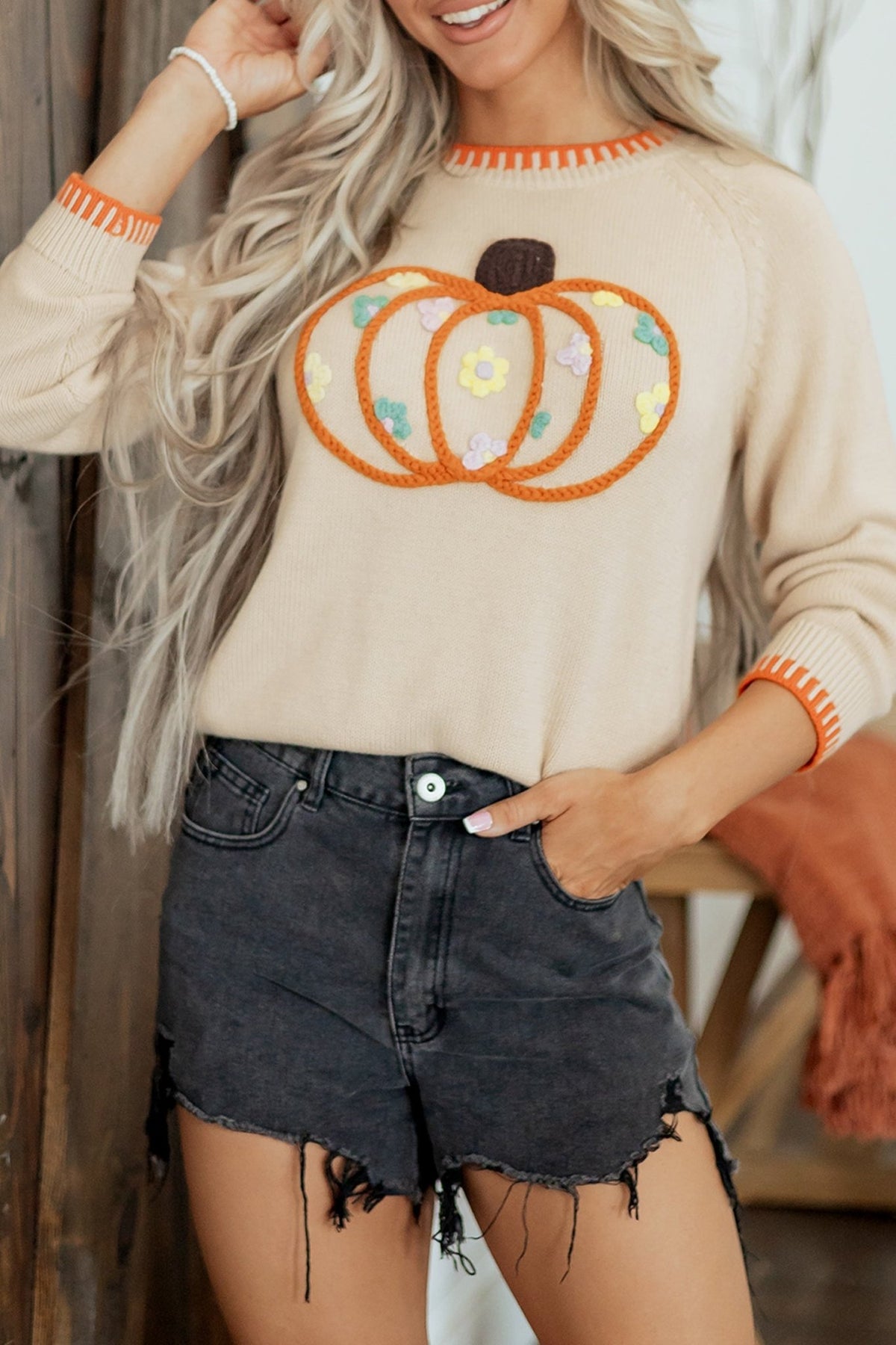 Pumpkin Floral Embroidered Round Neck Sweater - Rooted & Reckless Co.