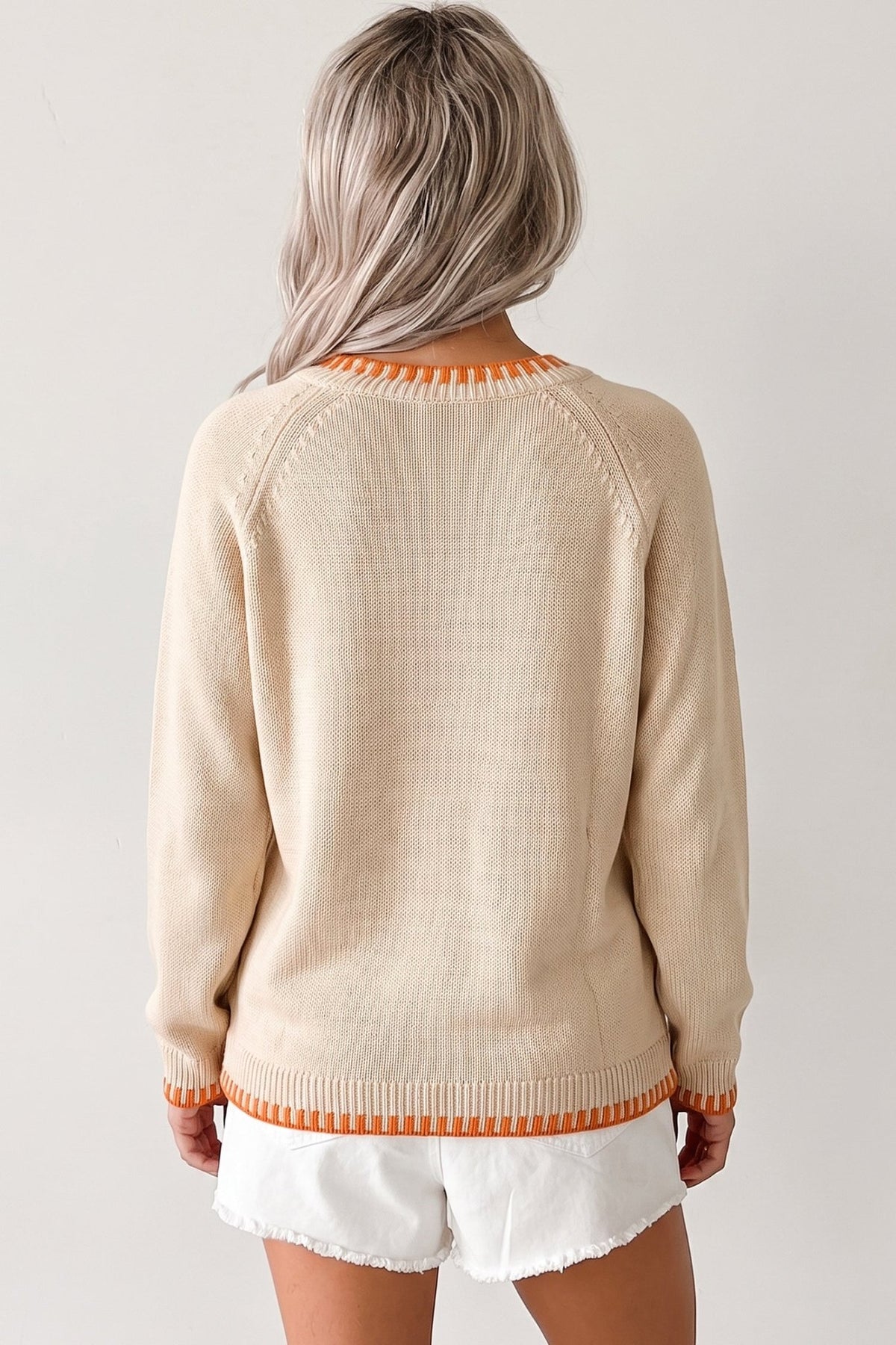 Pumpkin Floral Embroidered Round Neck Sweater - Rooted & Reckless Co.