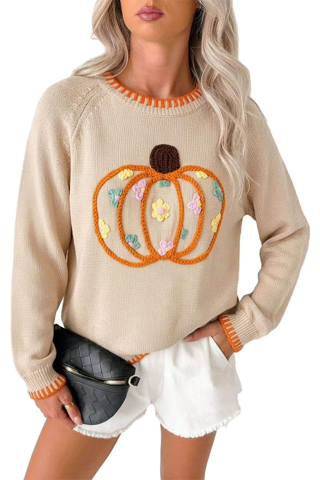 Pumpkin Floral Embroidered Round Neck Sweater - Rooted & Reckless Co.