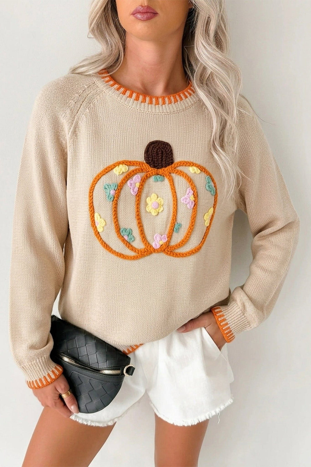 Pumpkin Floral Embroidered Round Neck Sweater - Rooted & Reckless Co.