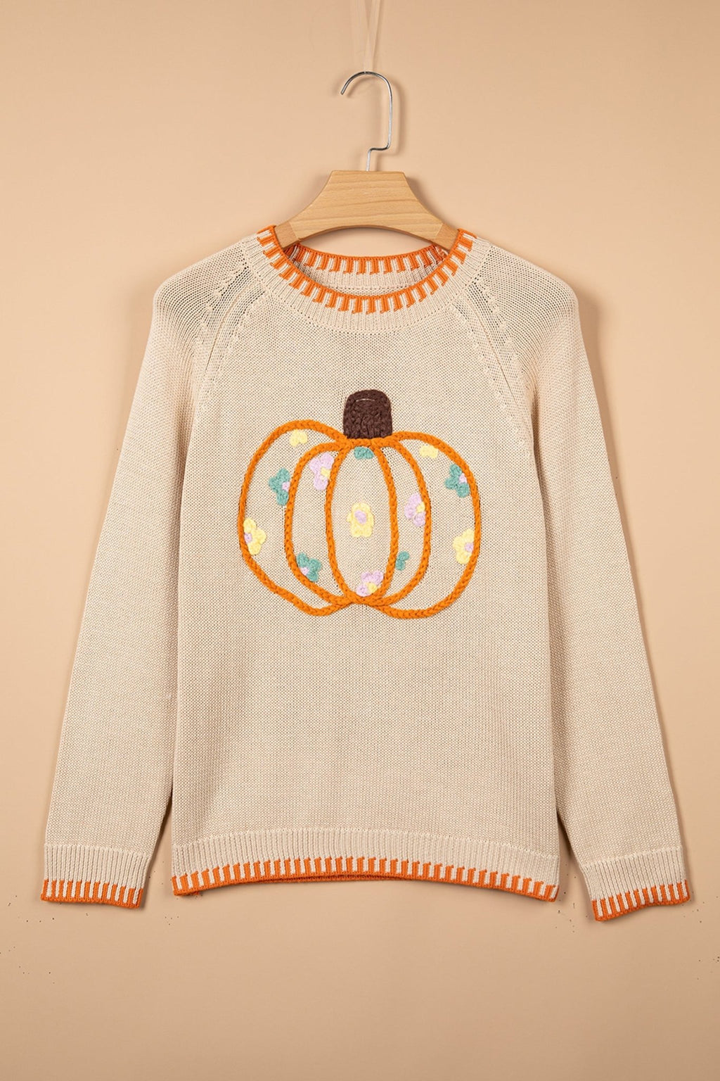 Pumpkin Floral Embroidered Round Neck Sweater - Rooted & Reckless Co.