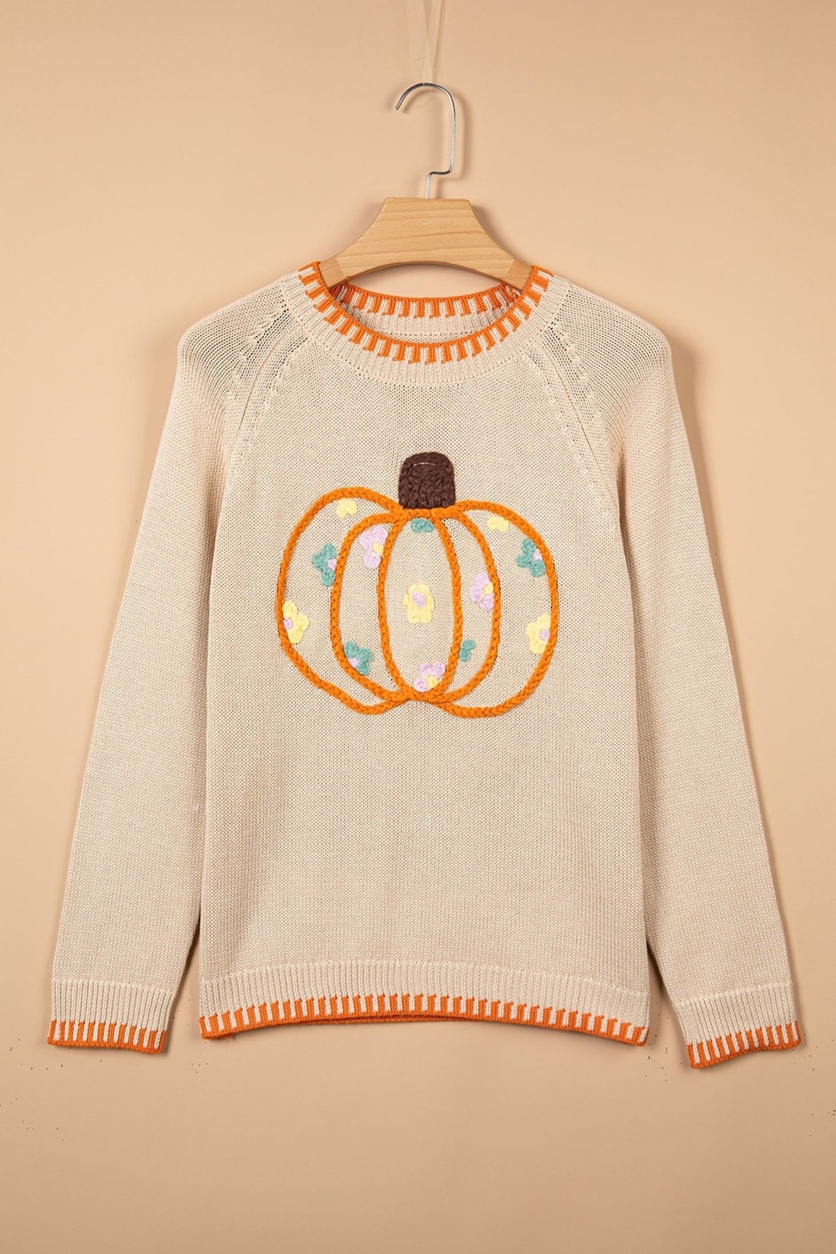 Pumpkin Floral Embroidered Round Neck Sweater - Rooted & Reckless Co.