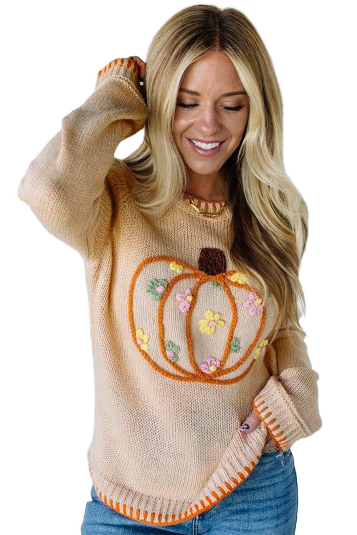 Pumpkin Floral Embroidered Round Neck Sweater - Rooted & Reckless Co.