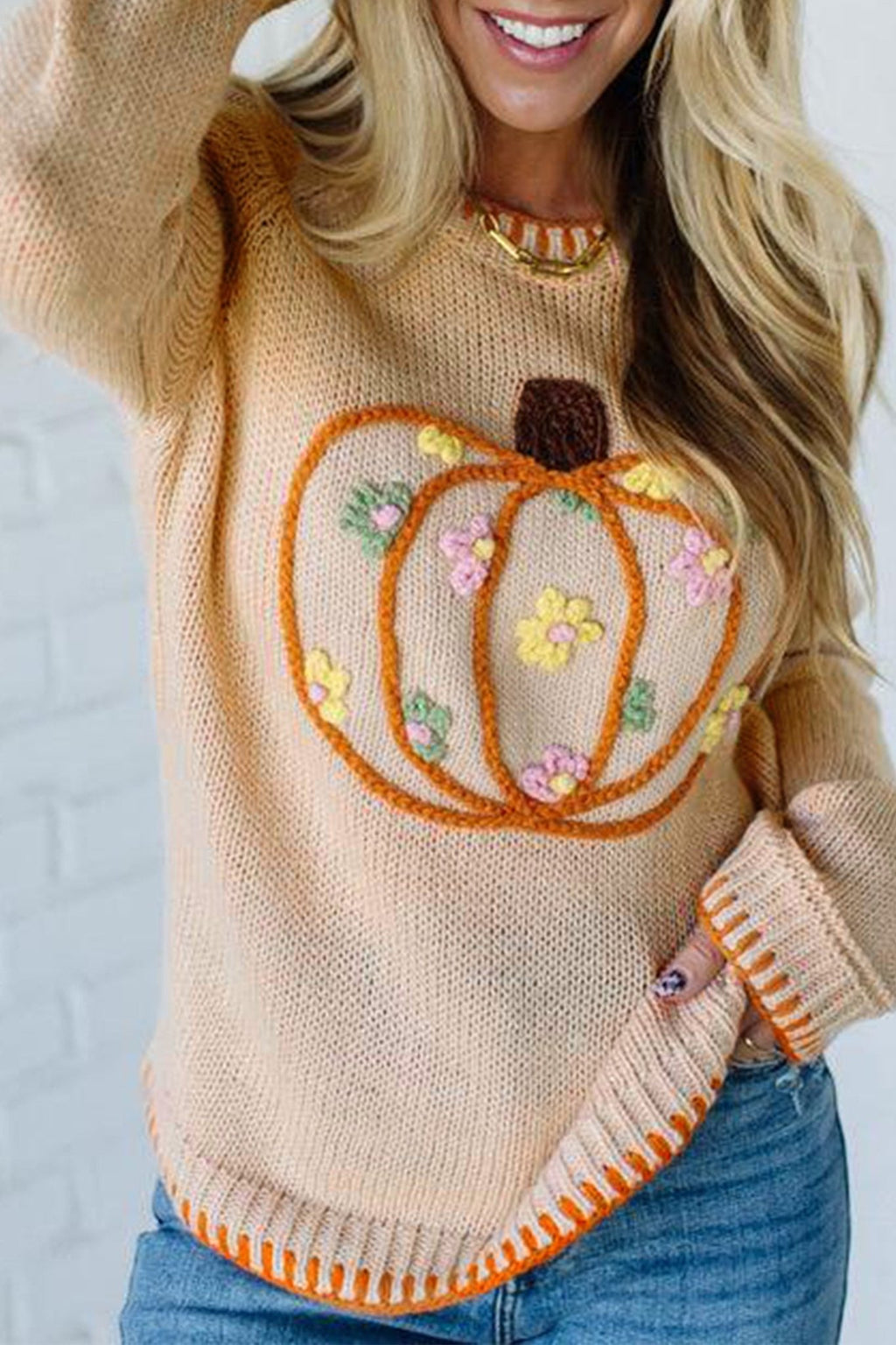 Pumpkin Floral Embroidered Round Neck Sweater - Rooted & Reckless Co.