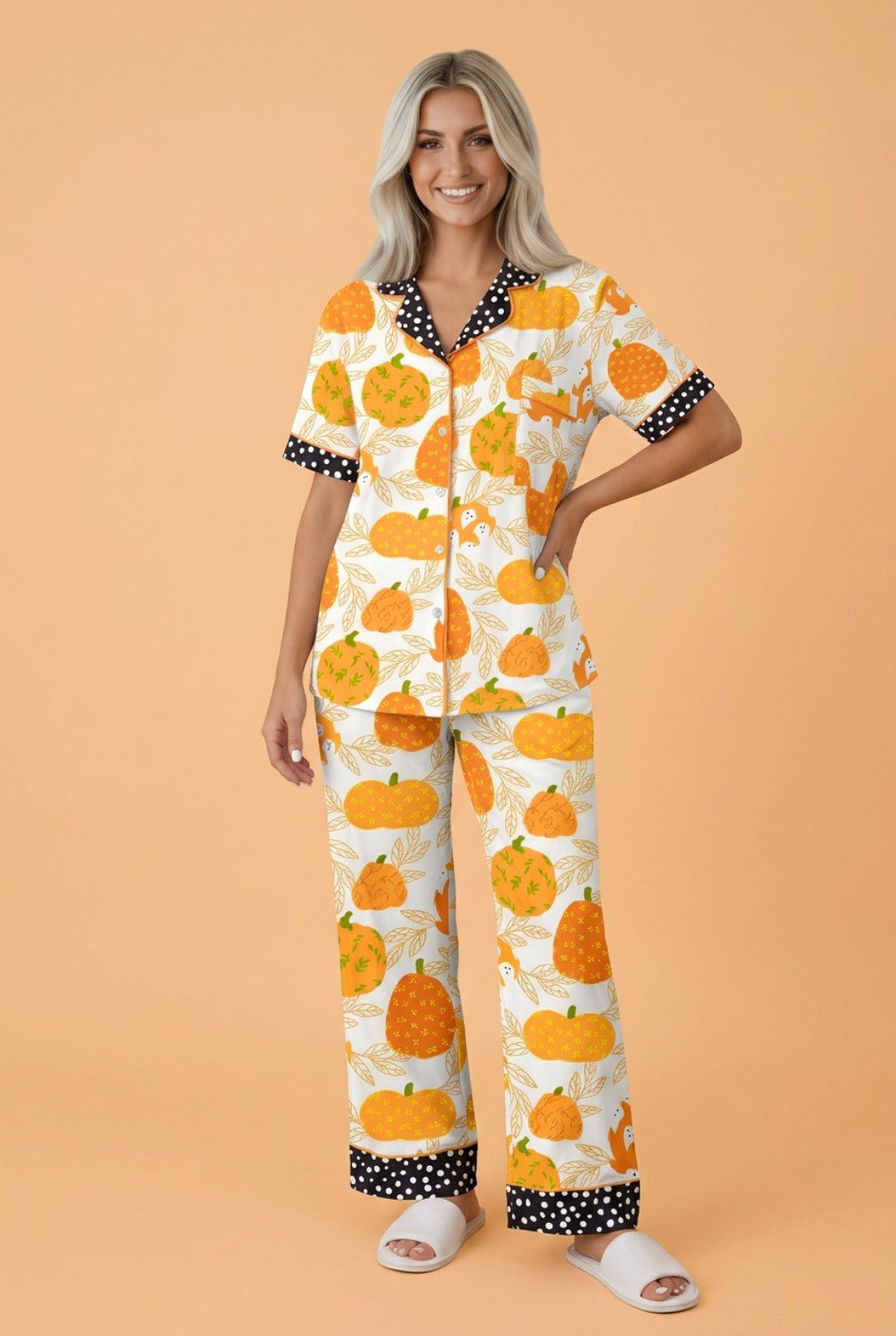 Pumpkin Polka Dot Trim Top & Pants Lounge Set - Rooted & Reckless Co.