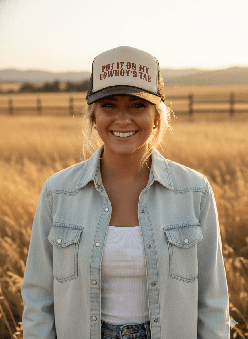 Put It On My Cowboy's Tab Trucker Hat - Rooted & Reckless Co.
