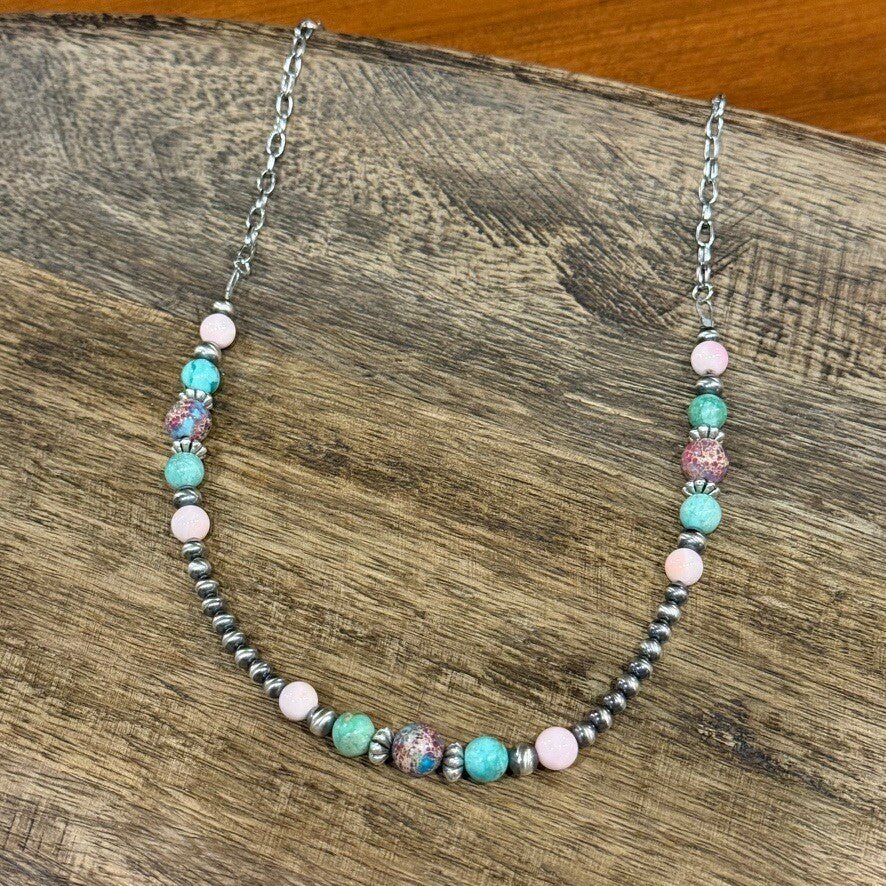 Queen Conch and Round Turquoise Mosaic Beaded Necklace - Rooted & Reckless Co.