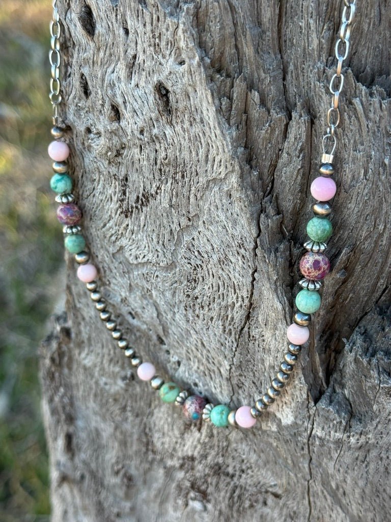 Queen Conch and Round Turquoise Mosaic Beaded Necklace - Rooted & Reckless Co.