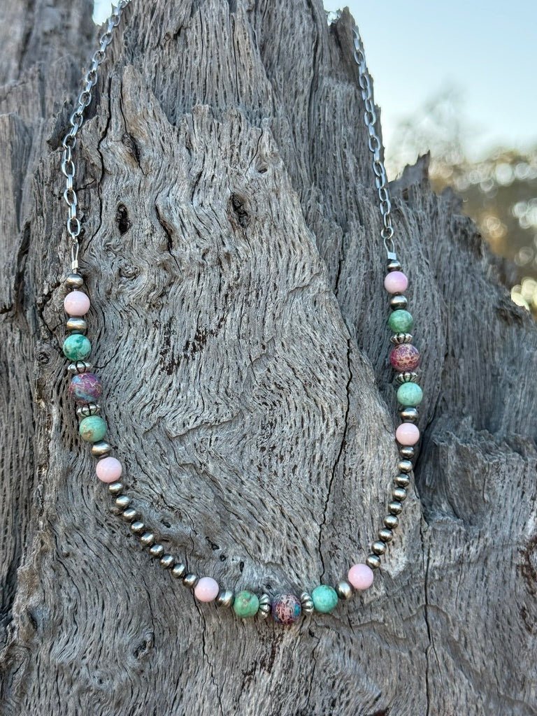 Queen Conch and Round Turquoise Mosaic Beaded Necklace - Rooted & Reckless Co.