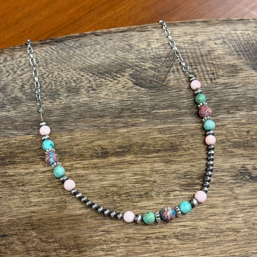 Queen Conch and Round Turquoise Mosaic Beaded Necklace - Rooted & Reckless Co.