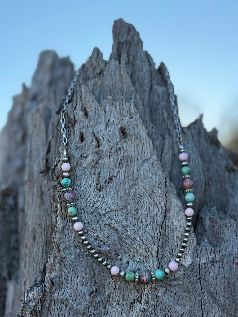 Queen Conch and Round Turquoise Mosaic Beaded Necklace - Rooted & Reckless Co.
