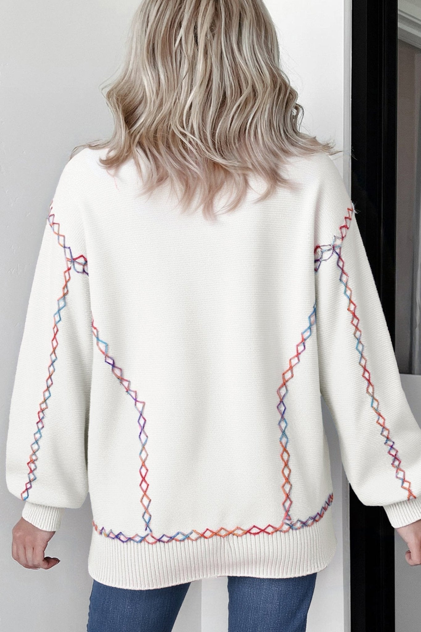 Rainbow Stitching Balloon Sleeve Sweater - Rooted & Reckless Co.