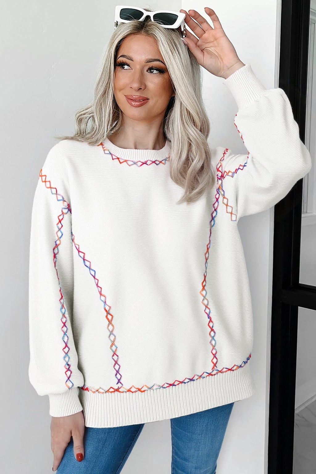 Rainbow Stitching Balloon Sleeve Sweater - Rooted & Reckless Co.