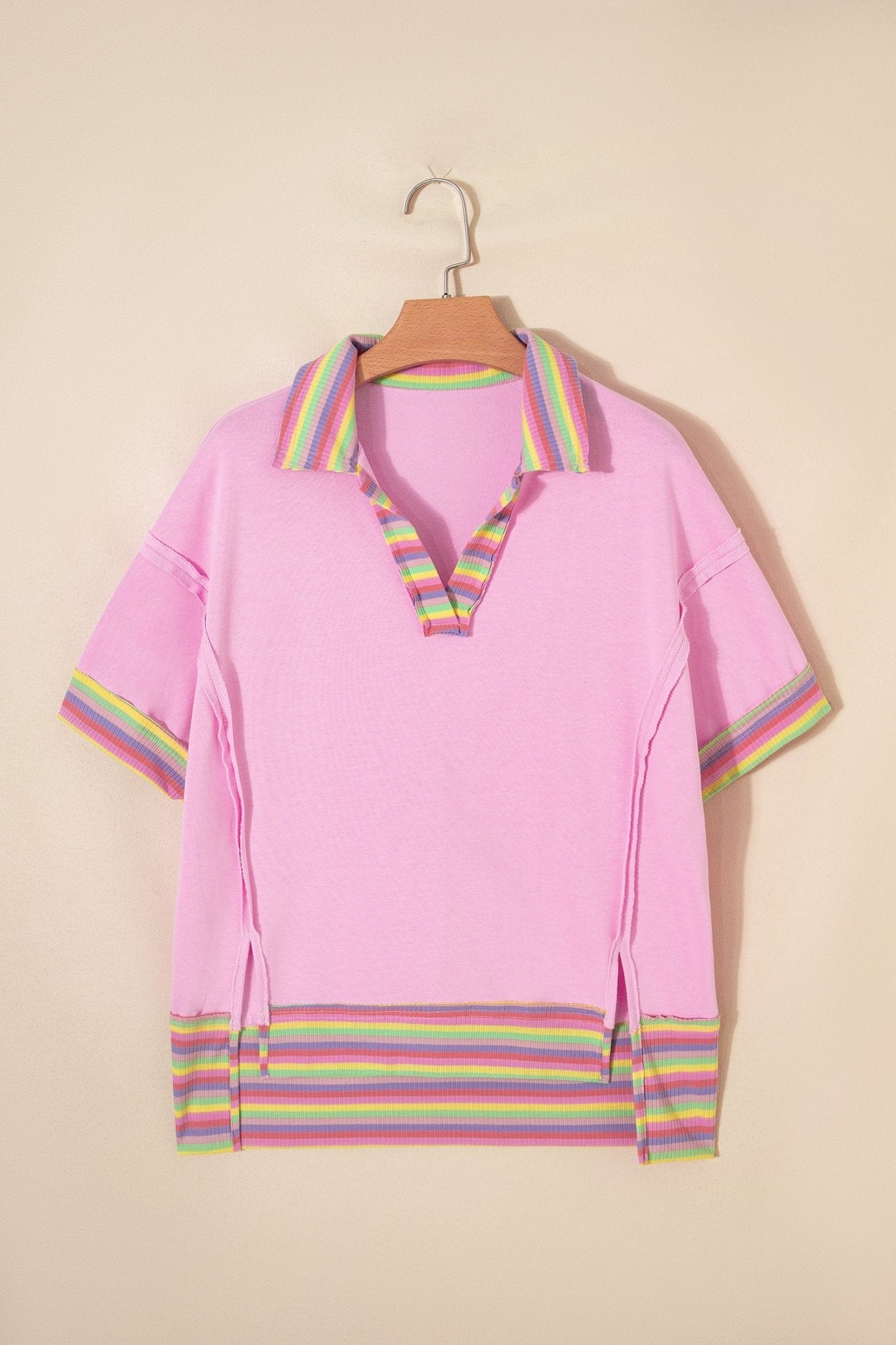 Rainbow Stripe Ribbed Patchwork Oversize Polo Tee - Rooted & Reckless Co.