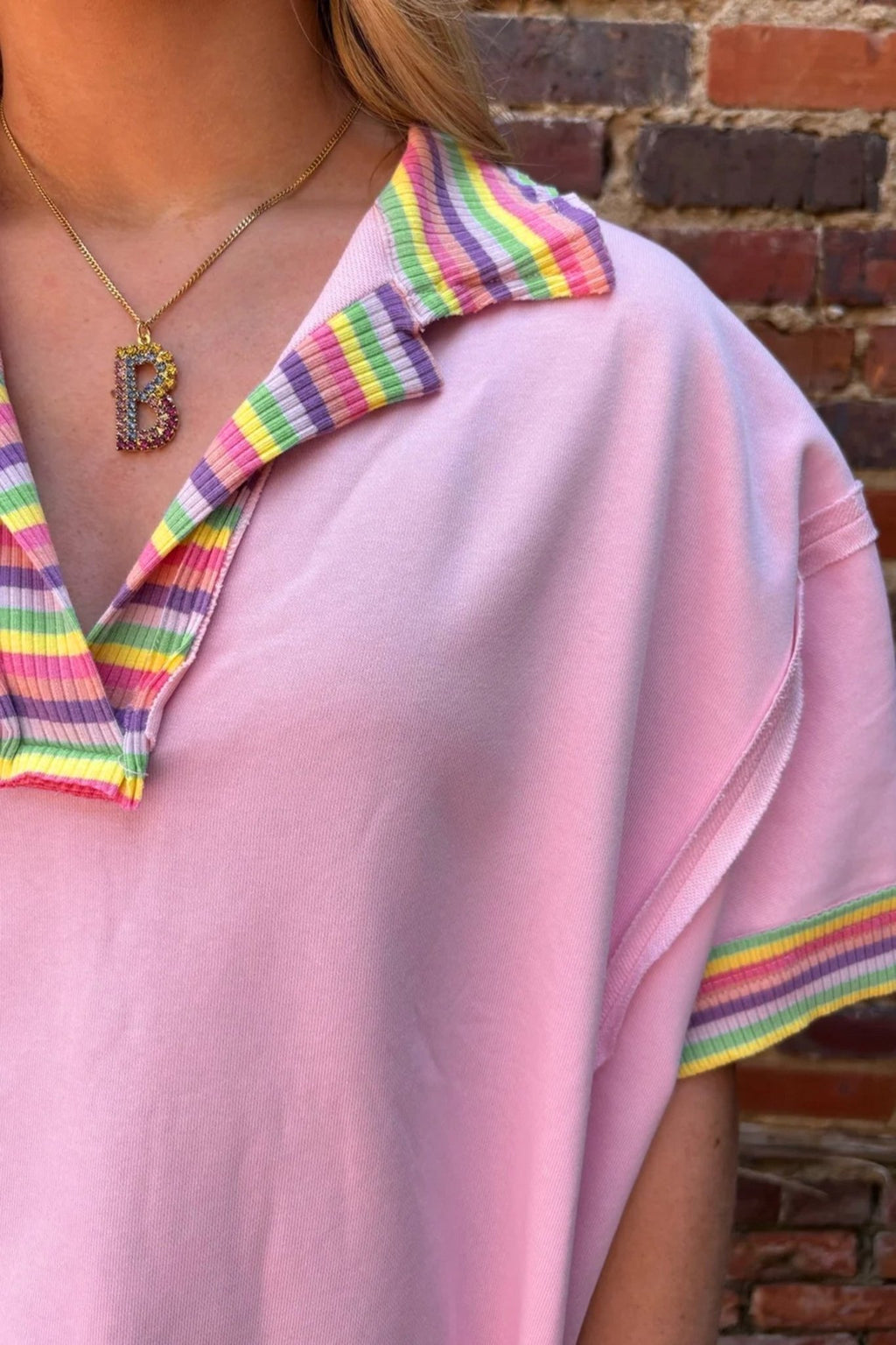 Rainbow Stripe Ribbed Patchwork Oversize Polo Tee - Rooted & Reckless Co.