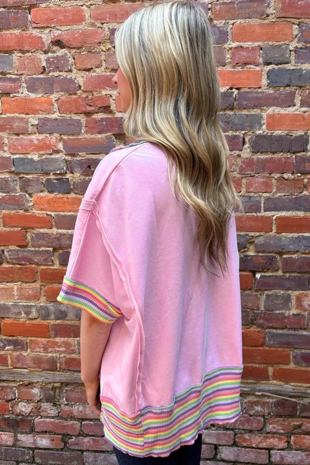Rainbow Stripe Ribbed Patchwork Oversize Polo Tee - Rooted & Reckless Co.