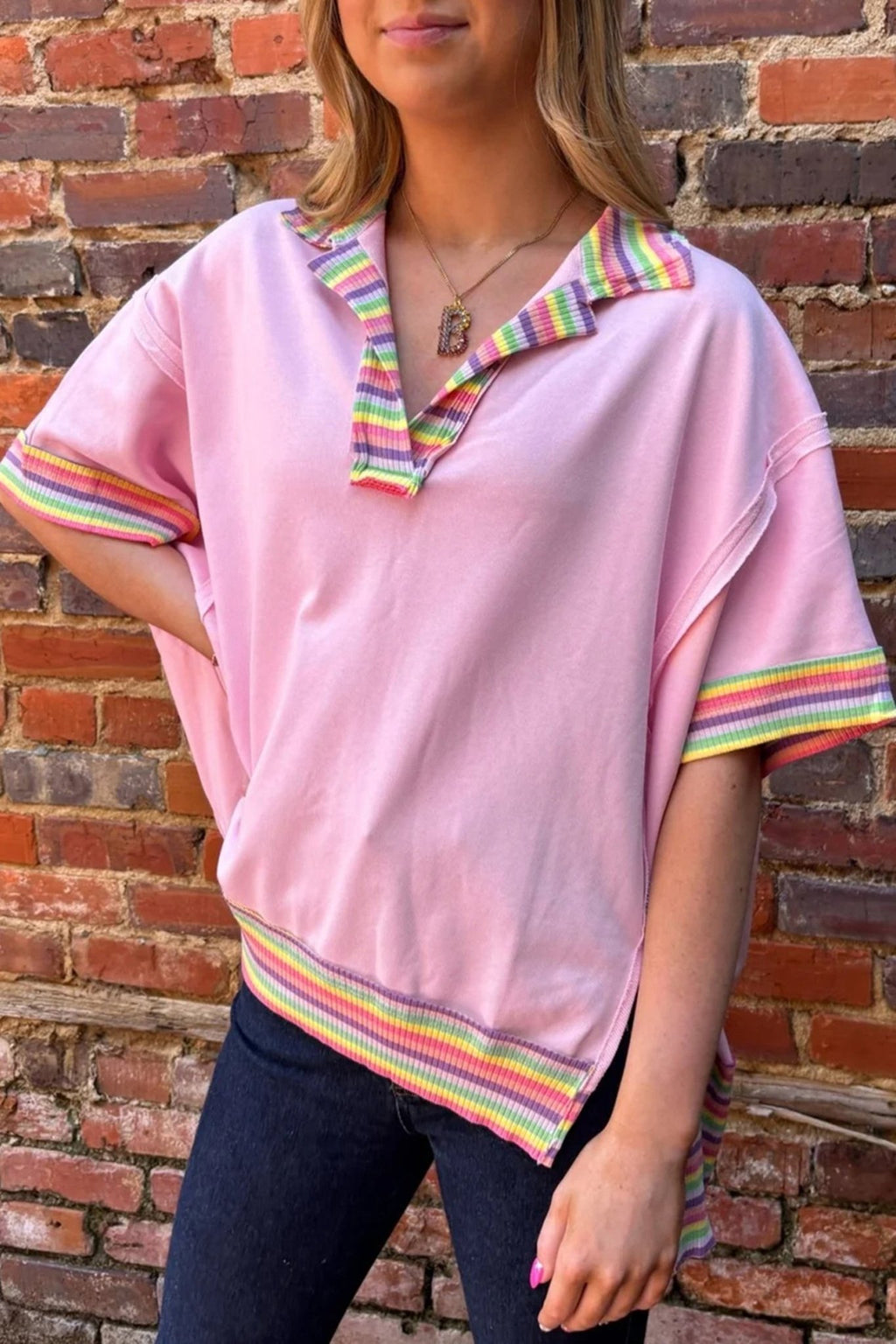 Rainbow Stripe Ribbed Patchwork Oversize Polo Tee - Rooted & Reckless Co.
