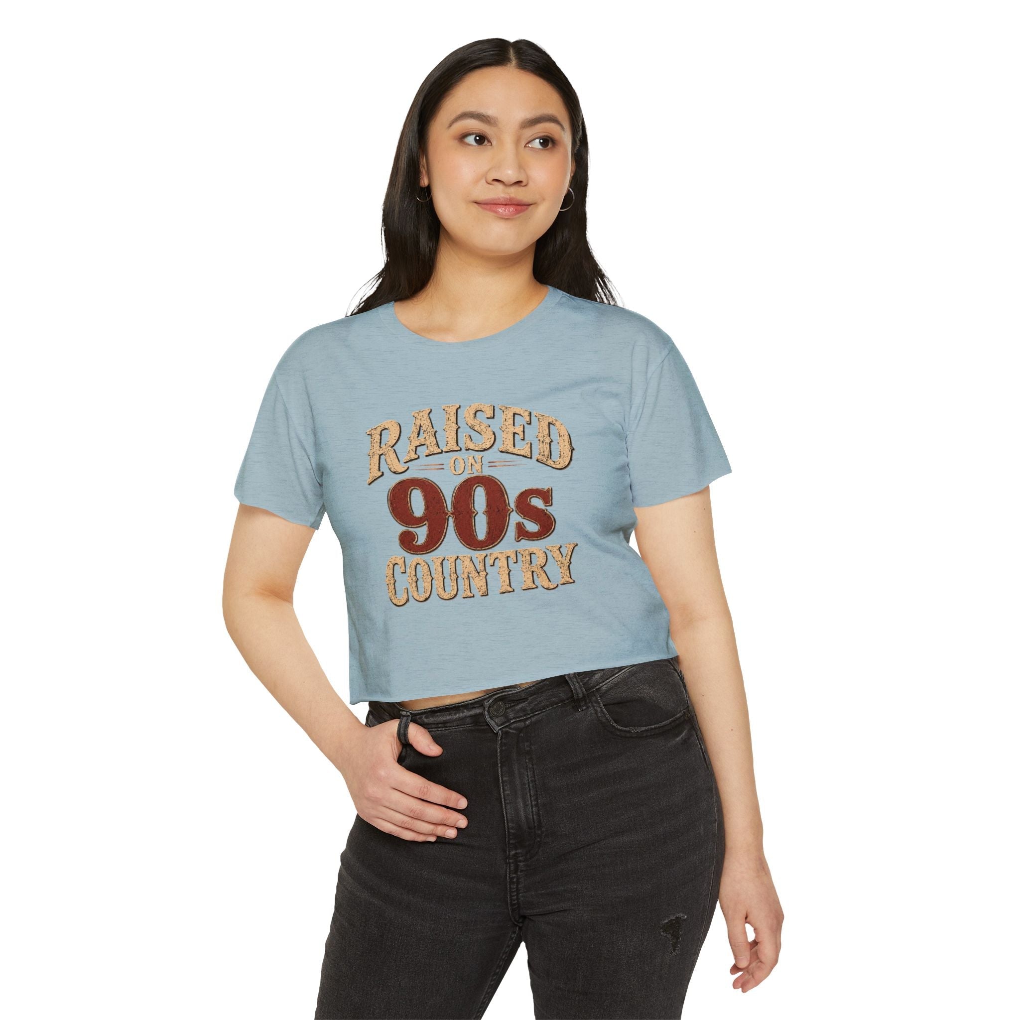 Raised on 90s Country Crop Top — Women's Festival Graphic Tee - Rooted & Reckless Co.
