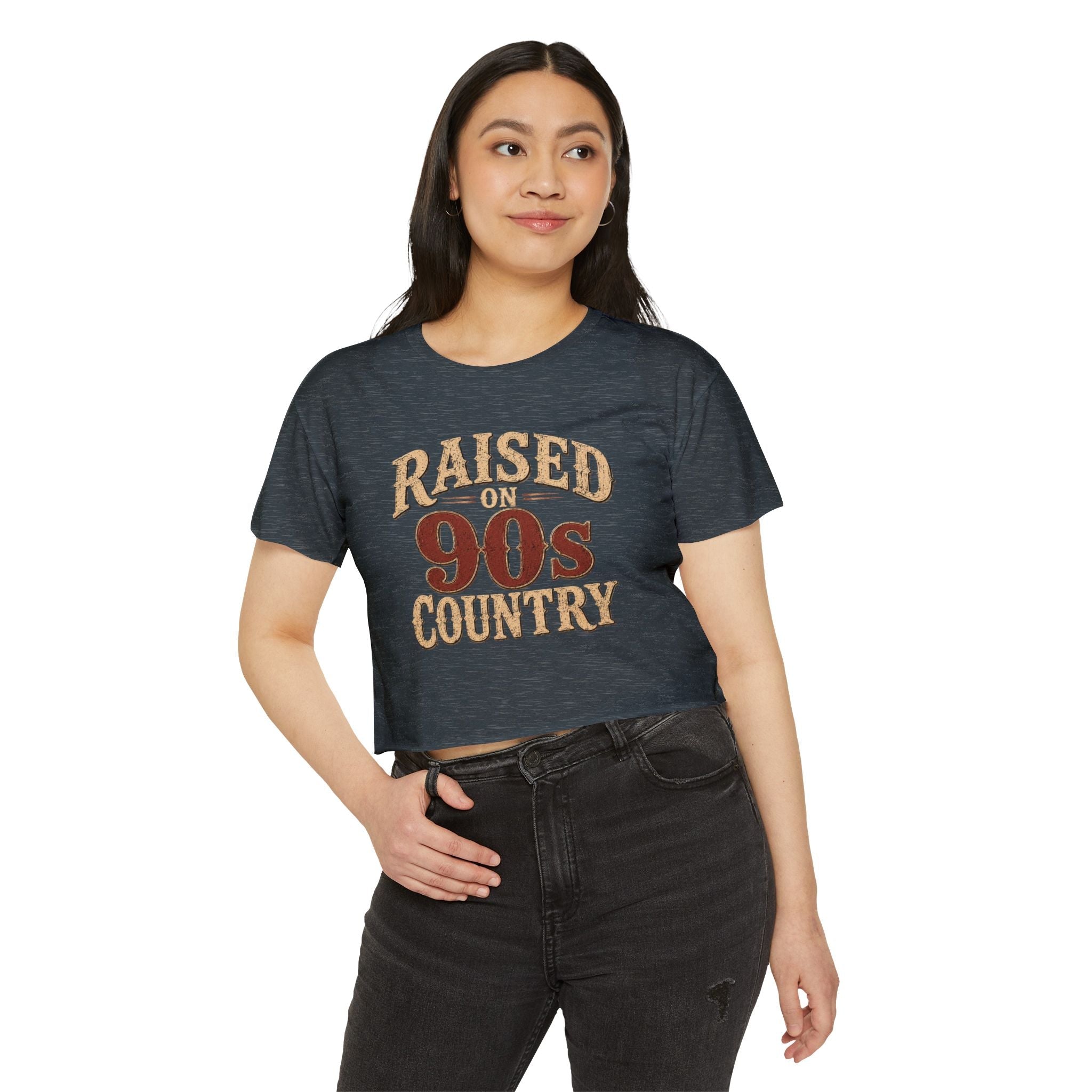 Raised on 90s Country Crop Top — Women's Festival Graphic Tee - Rooted & Reckless Co.