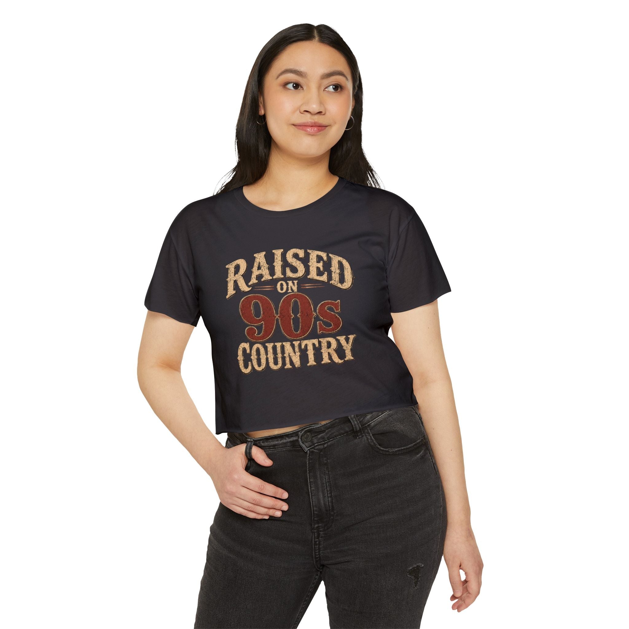 Raised on 90s Country Crop Top — Women's Festival Graphic Tee - Rooted & Reckless Co.