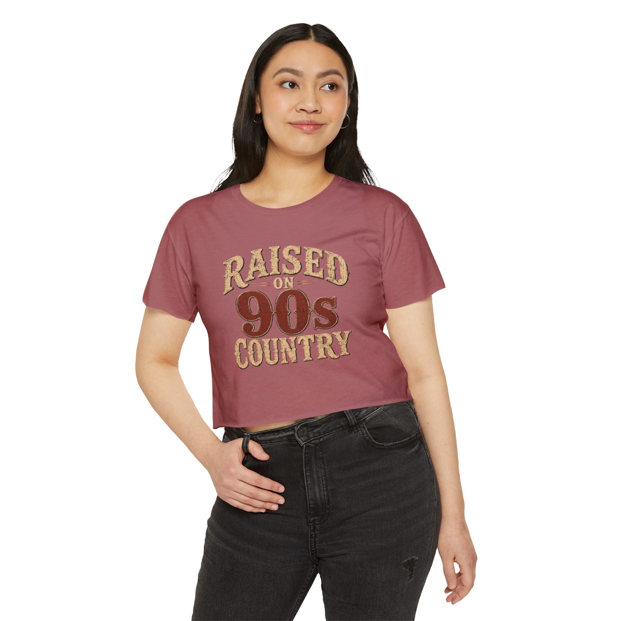 Raised on 90s Country Crop Top — Women's Festival Graphic Tee - Rooted & Reckless Co.
