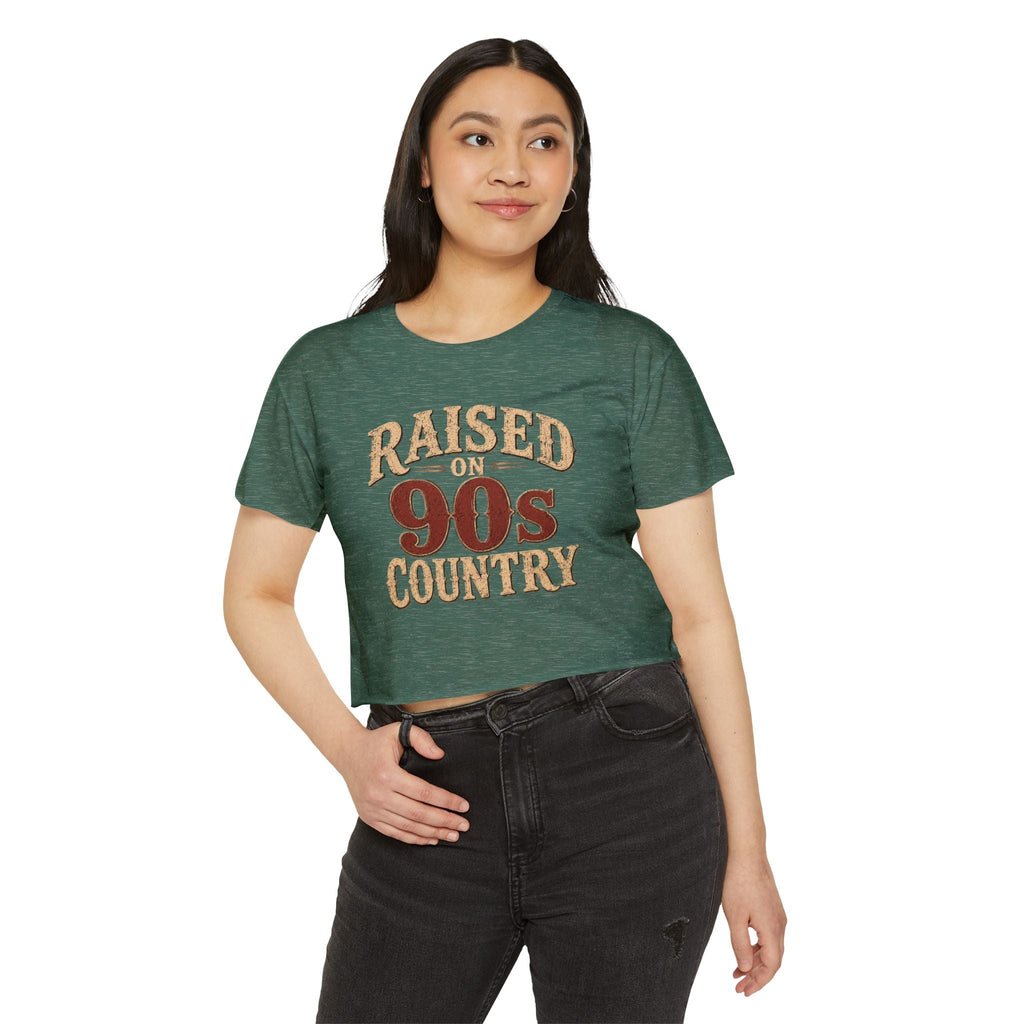 Raised on 90s Country Crop Top — Women's Festival Graphic Tee - Rooted & Reckless Co.
