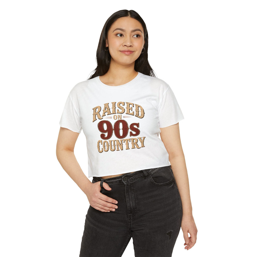 Raised on 90s Country Crop Top — Women's Festival Graphic Tee - Rooted & Reckless Co.
