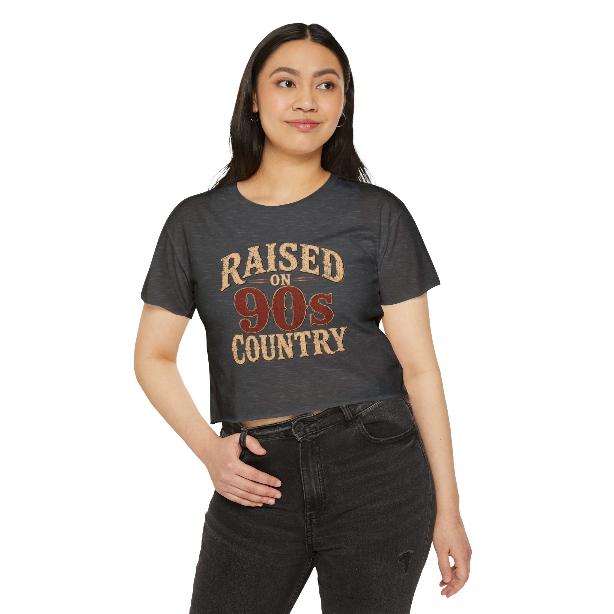 Raised on 90s Country Crop Top — Women's Festival Graphic Tee - Rooted & Reckless Co.