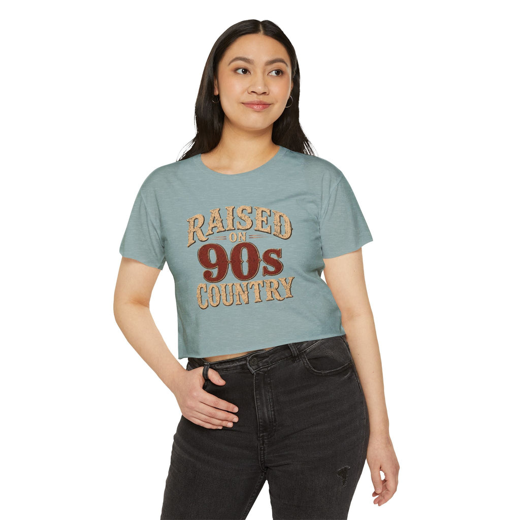 Raised on 90s Country Crop Top — Women's Festival Graphic Tee - Rooted & Reckless Co.