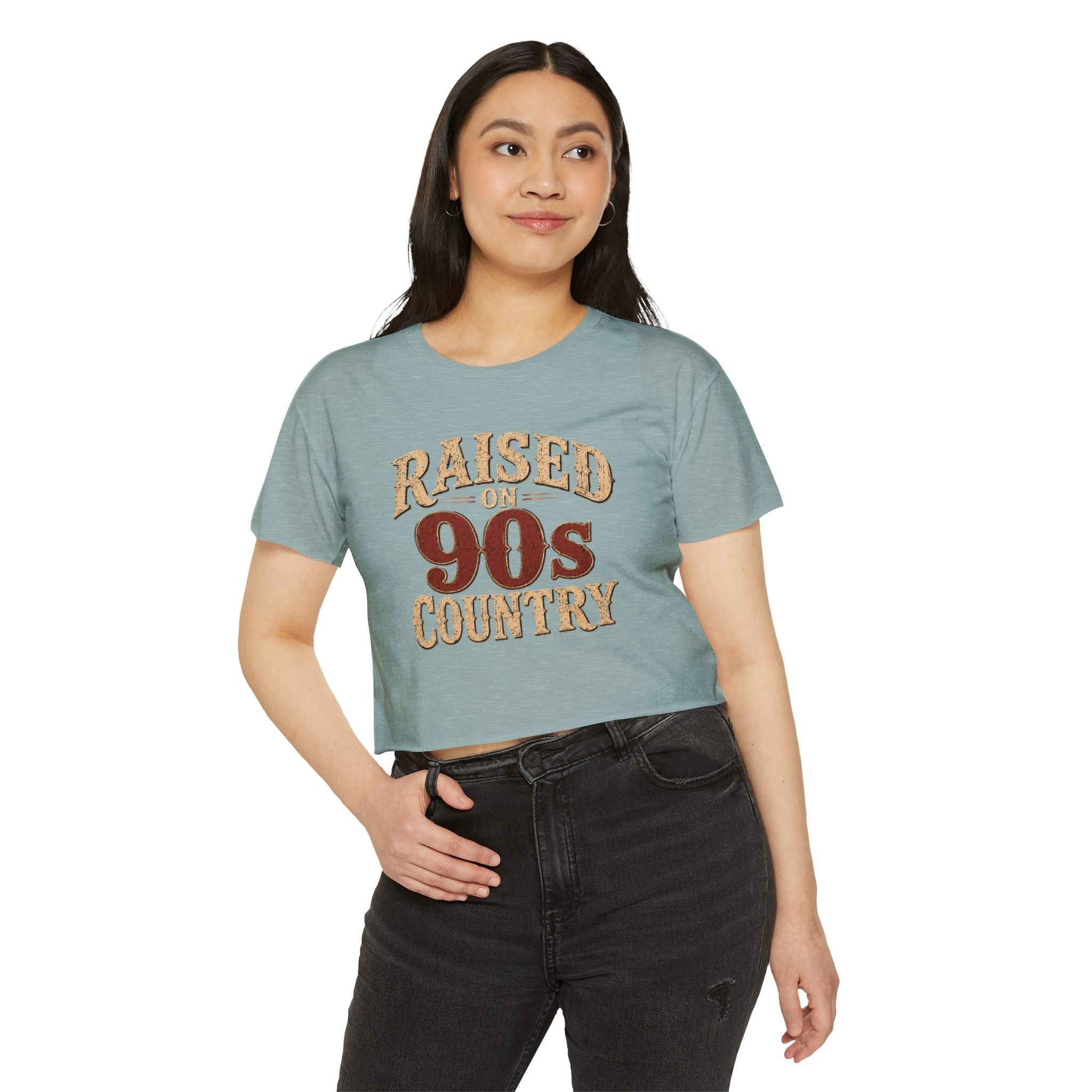 Raised on 90s Country Crop Top — Women's Festival Graphic Tee - Rooted & Reckless Co.