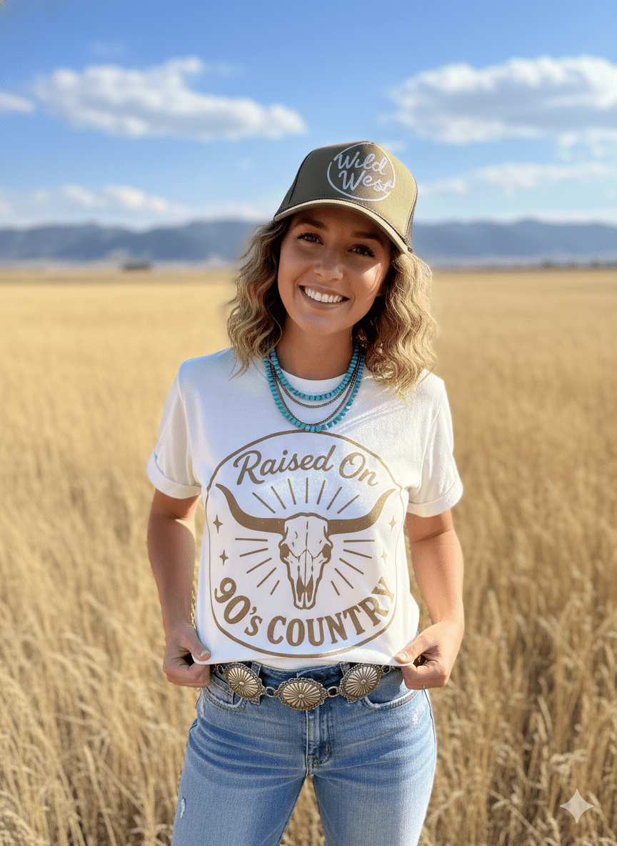 Raised On 90's Country Steer Skull Graphic Tee - Rooted & Reckless Co.
