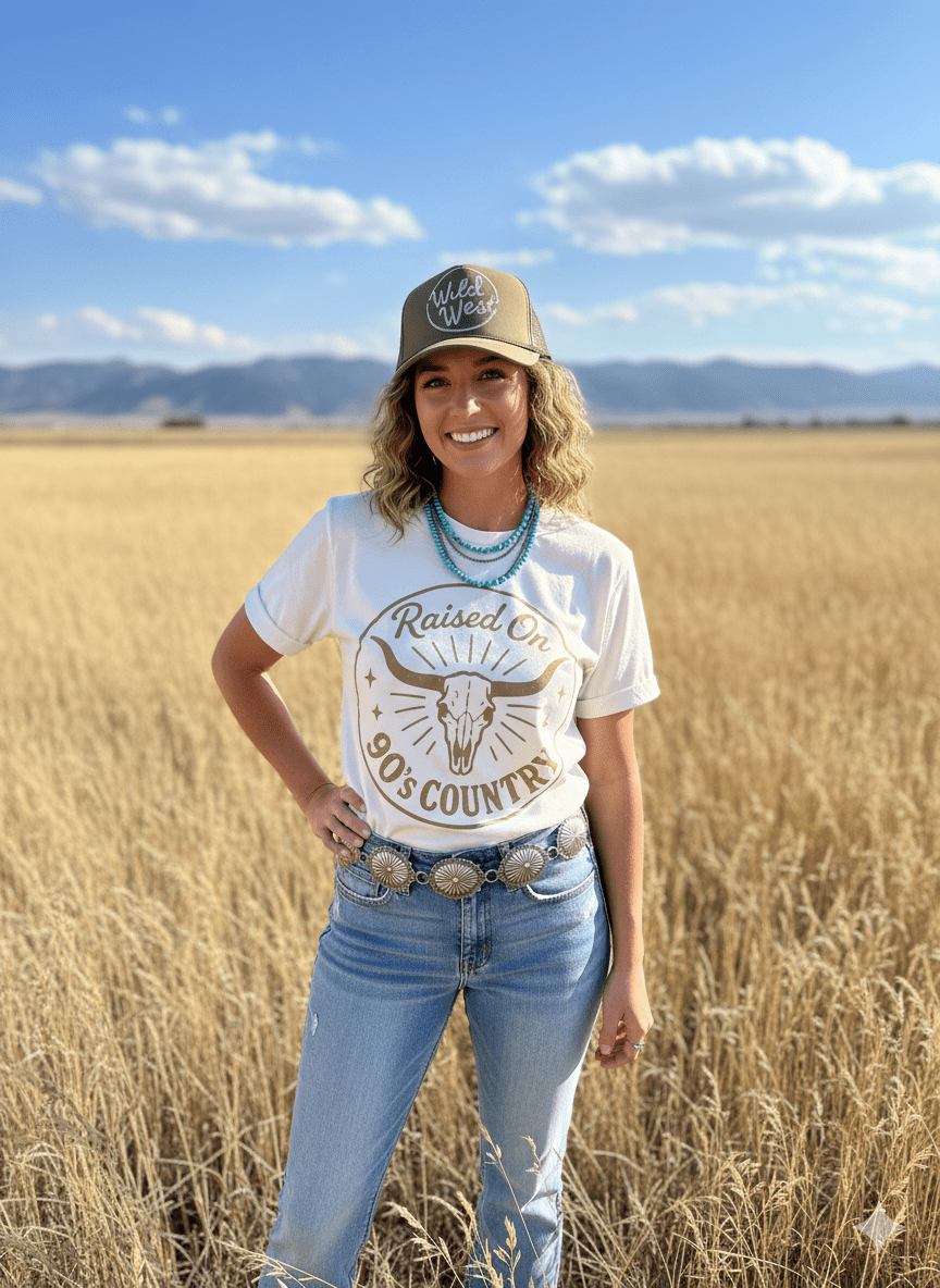 Raised On 90's Country Steer Skull Graphic Tee - Rooted & Reckless Co.