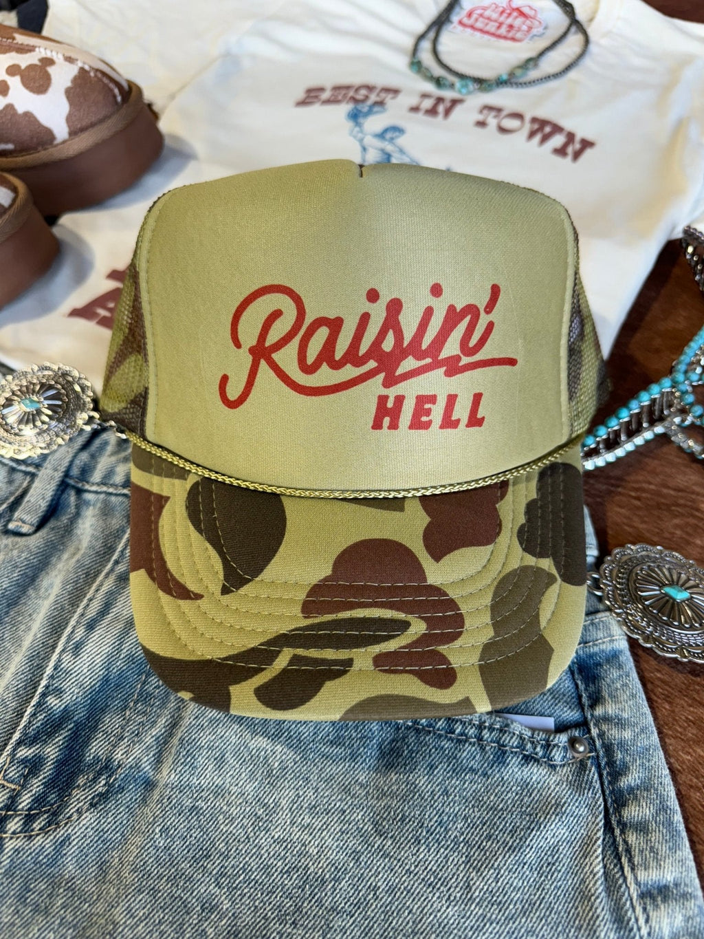 Raisin' Hell Green Camo Trucker Hat - Rooted & Reckless Co.