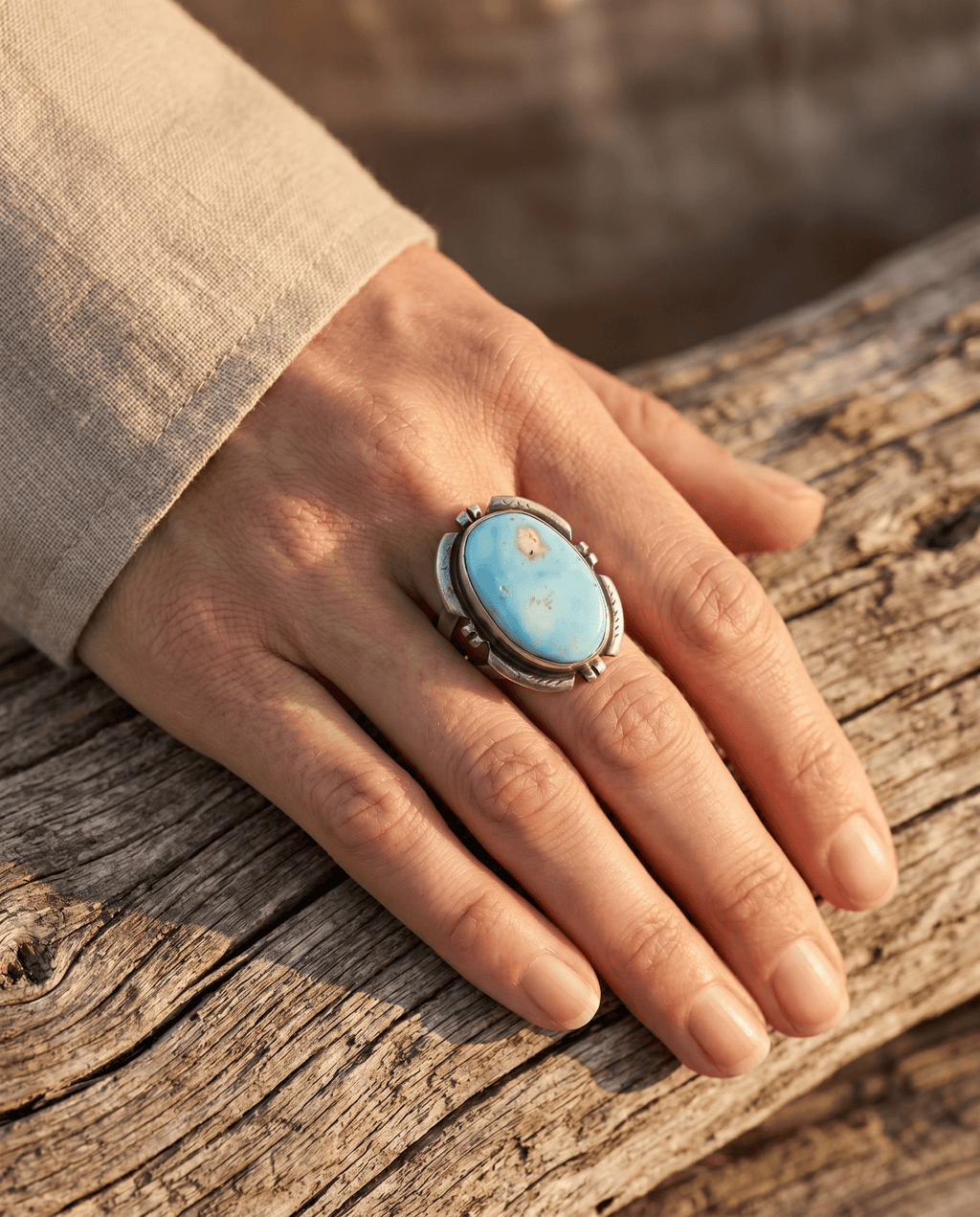 Randy Billy Navajo Sterling Silver Ring with Golden Hills Turquoise — Size 9 (Hallmark RB + Sterling) - Rooted & Reckless Co.