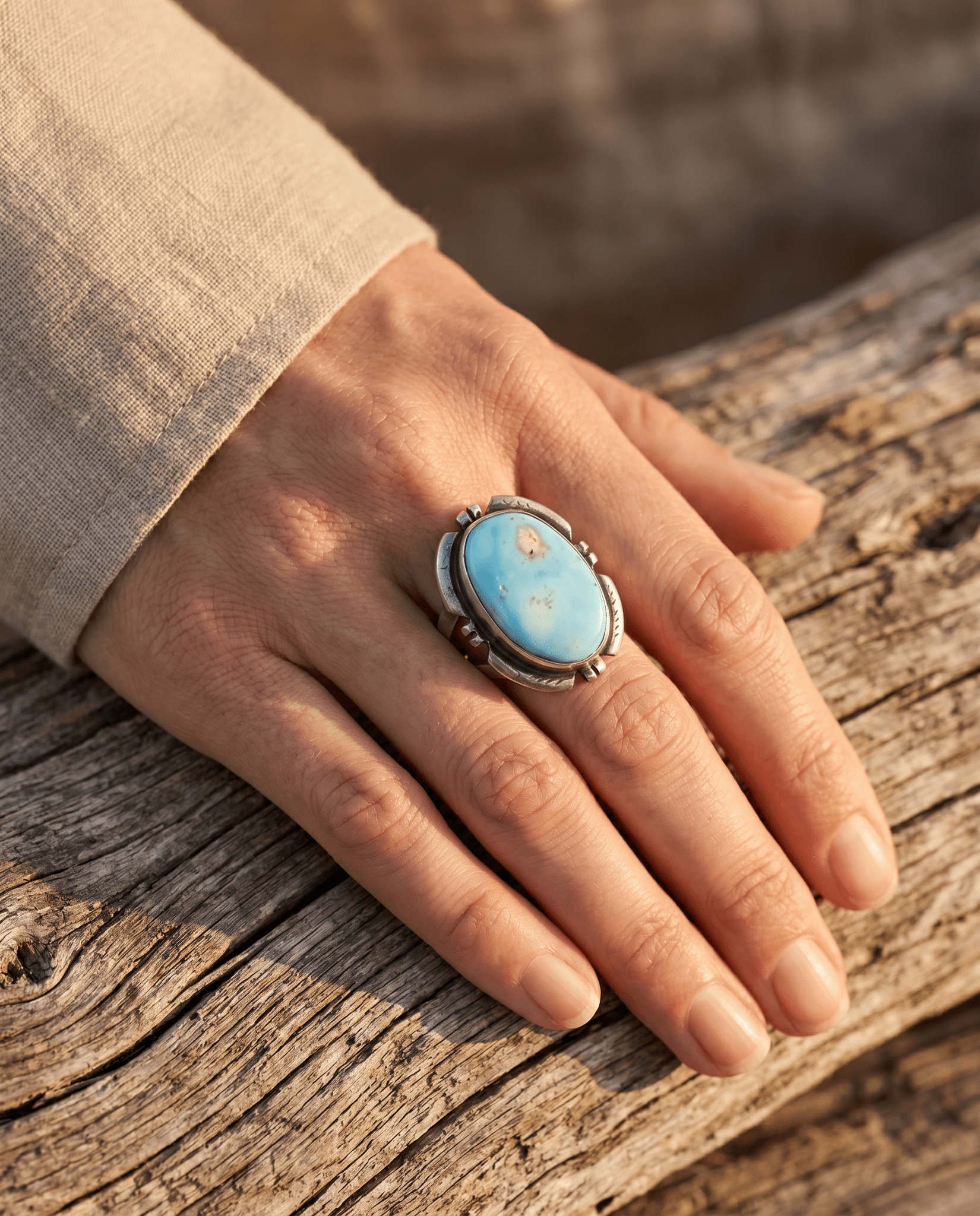 Randy Billy Navajo Sterling Silver Ring with Golden Hills Turquoise — Size 9 (Hallmark RB + Sterling) - Rooted & Reckless Co.