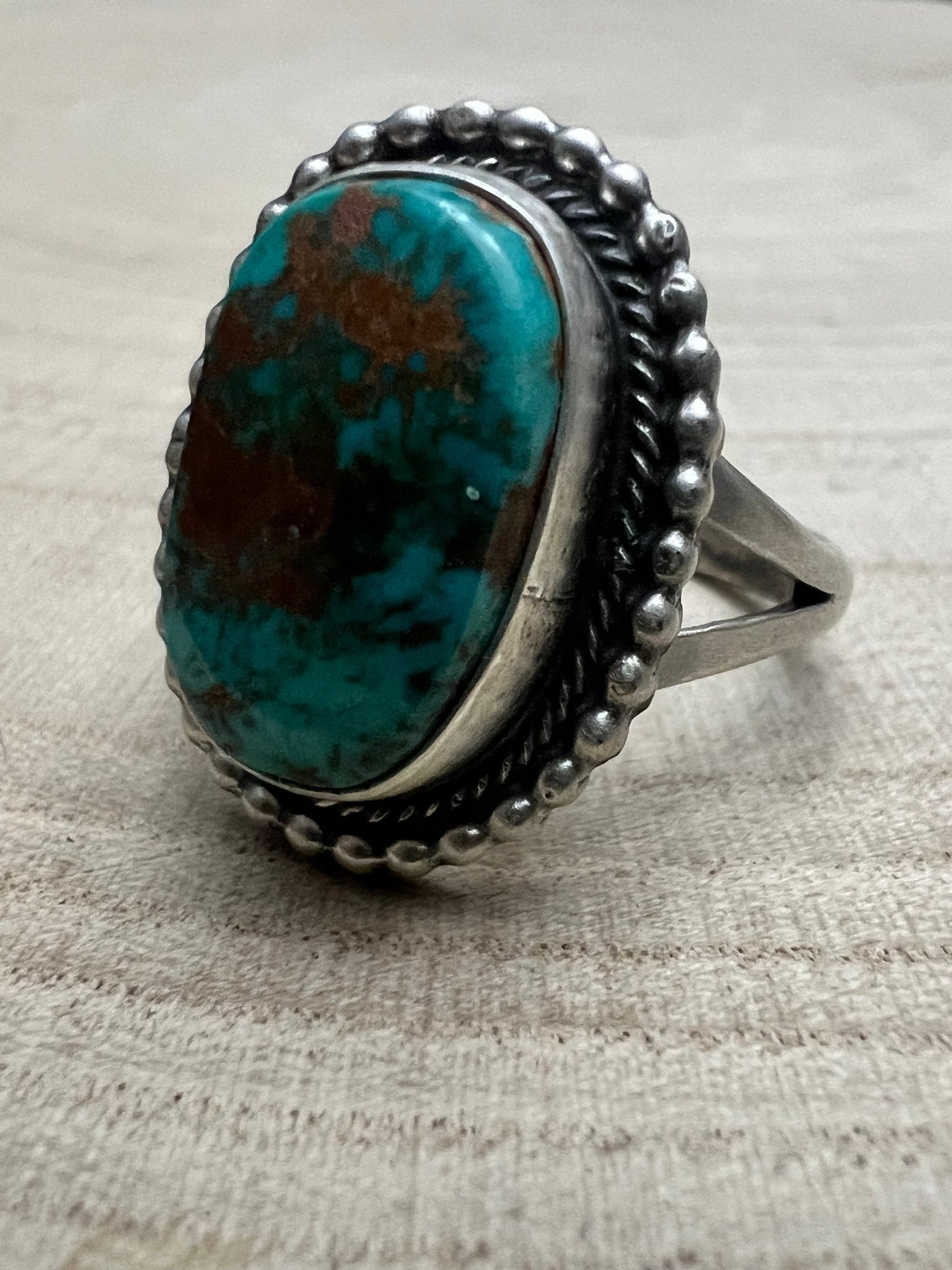 Randy Billy Navajo Sterling Silver Ring with Royston Turquoise — Size 10 (Larger 7/8" × 3/4") - Rooted & Reckless Co.