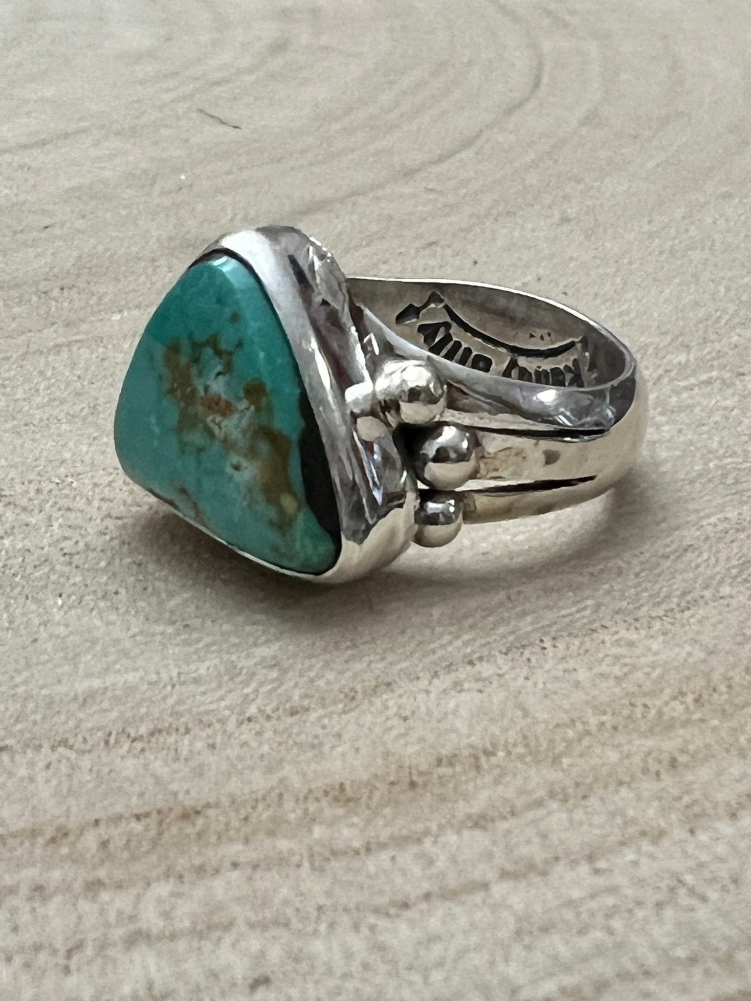 Randy Billy Navajo Sterling Silver Ring with Royston Turquoise — Size 9.5 (Compact 5/8" × 1/2") - Rooted & Reckless Co.