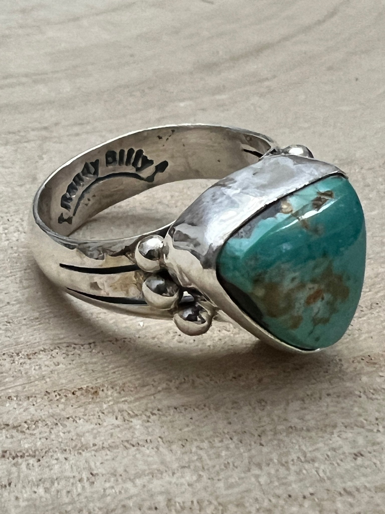 Randy Billy Navajo Sterling Silver Ring with Royston Turquoise — Size 9.5 (Compact 5/8" × 1/2") - Rooted & Reckless Co.
