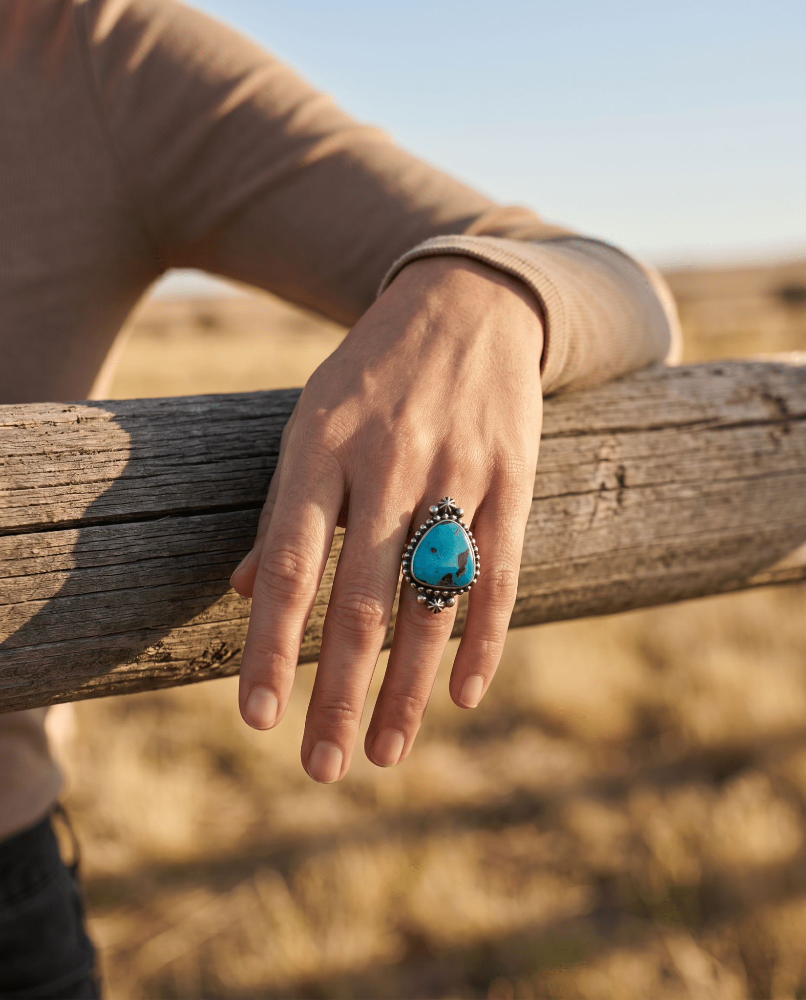 Randy Boyd Navajo Sterling Silver Ring with Fox Turquoise — Size 8.5 (Hallmark RB) - Rooted & Reckless Co.