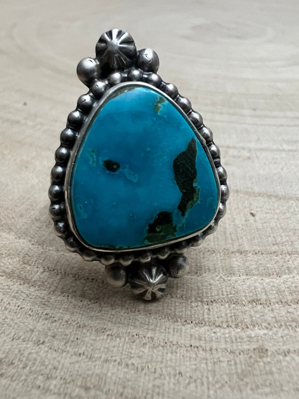 Randy Boyd Navajo Sterling Silver Ring with Fox Turquoise — Size 8.5 (Hallmark RB) - Rooted & Reckless Co.